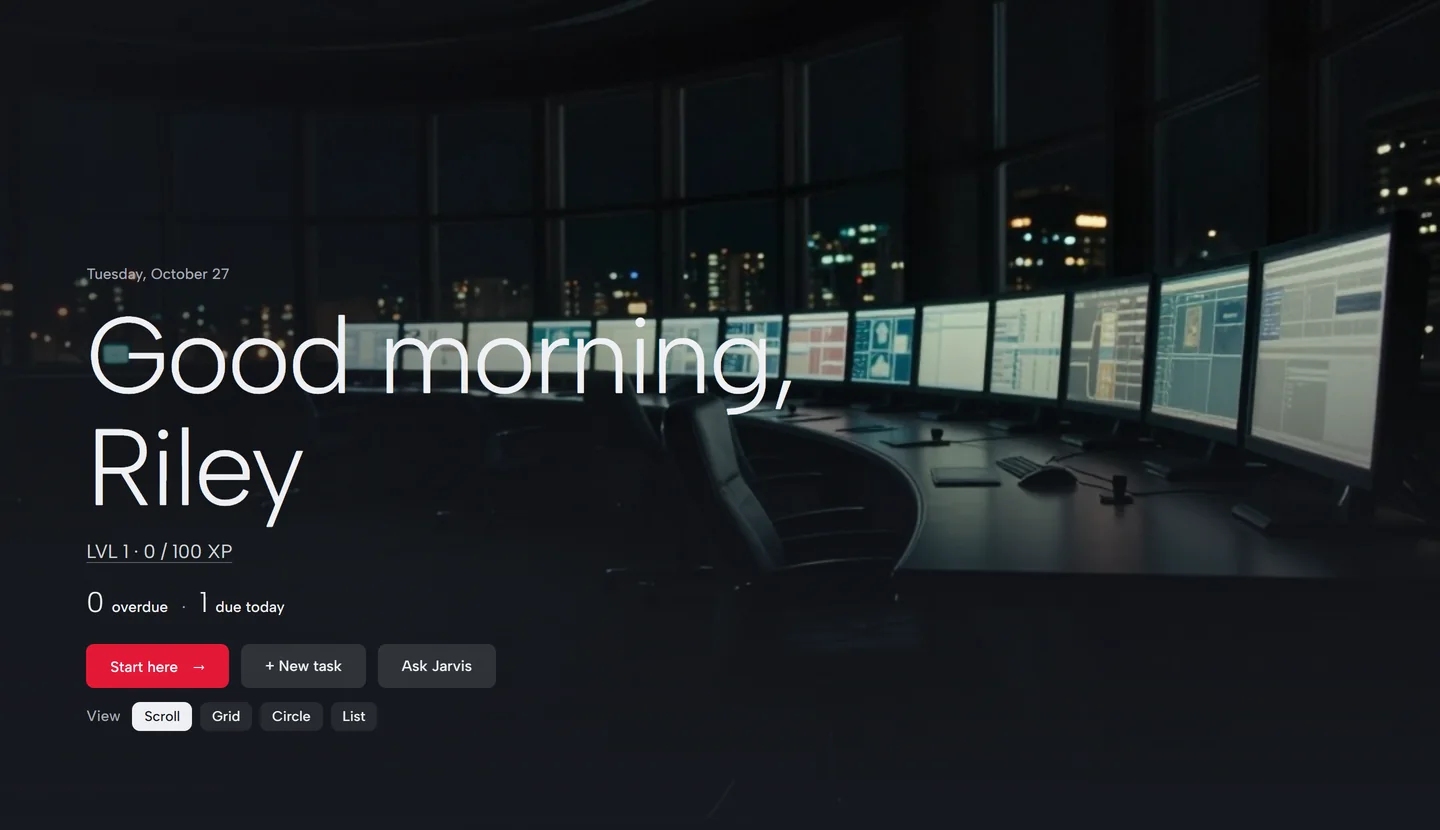 The hub's home screen: a dark control room, a large light greeting, Good morning, Riley, and a red Start here button.