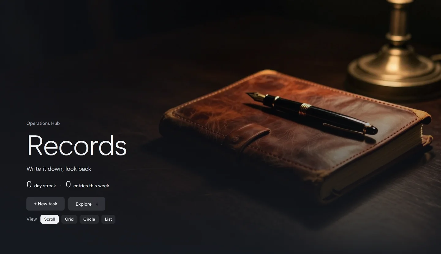 The Records room: a leather notebook and a fountain pen, the title Records, and the day streak.