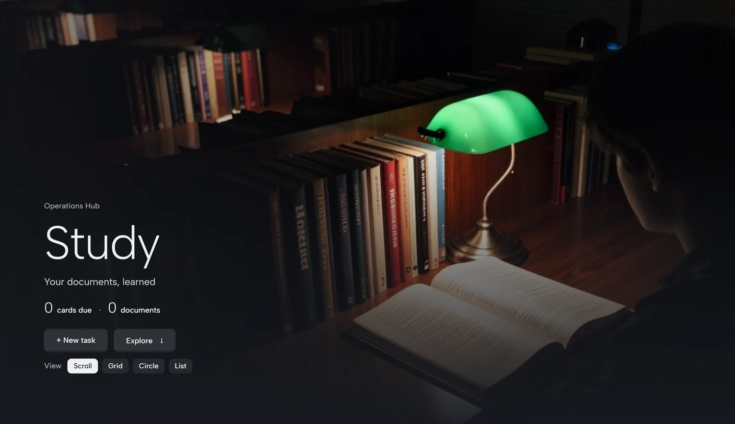 The Study room: a reading lamp over an open book, the title Study, and the counts of cards due and documents.