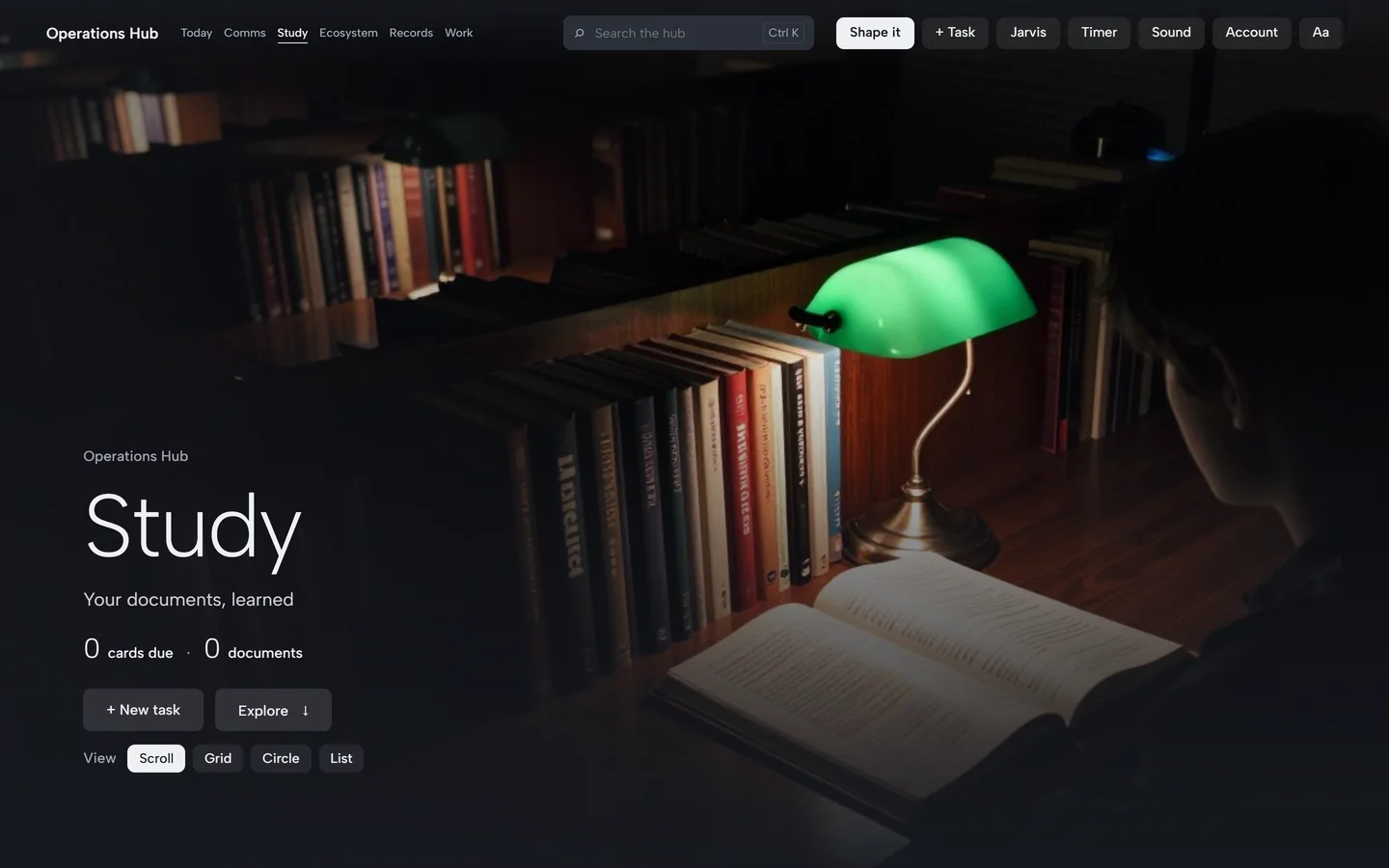 The Study room: a reading lamp over an open book, the title Study, and the counts of cards due and documents.
