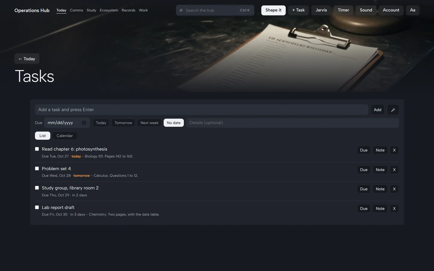 The Tasks page: four tasks with due dates, the first marked today, each with Due, Note and remove buttons.