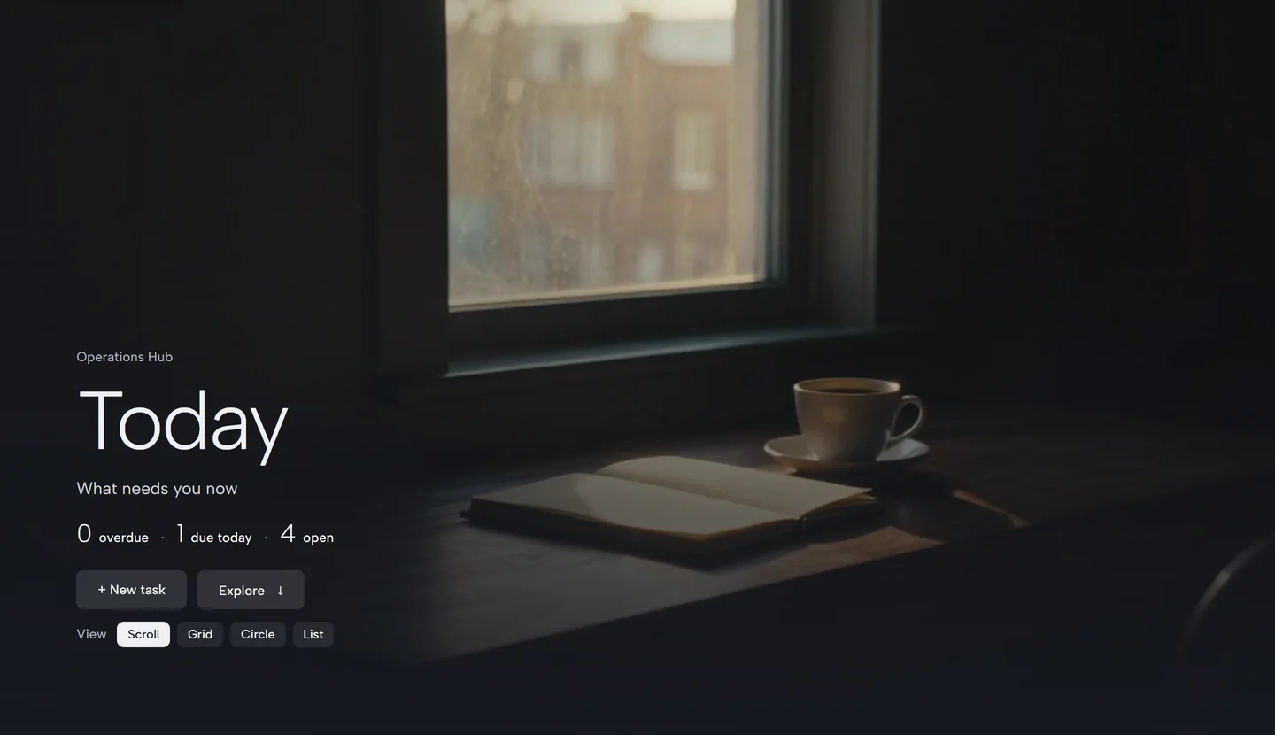 The Today room: a notebook and a coffee cup by a window, the title Today, and the counts overdue, due today and open.